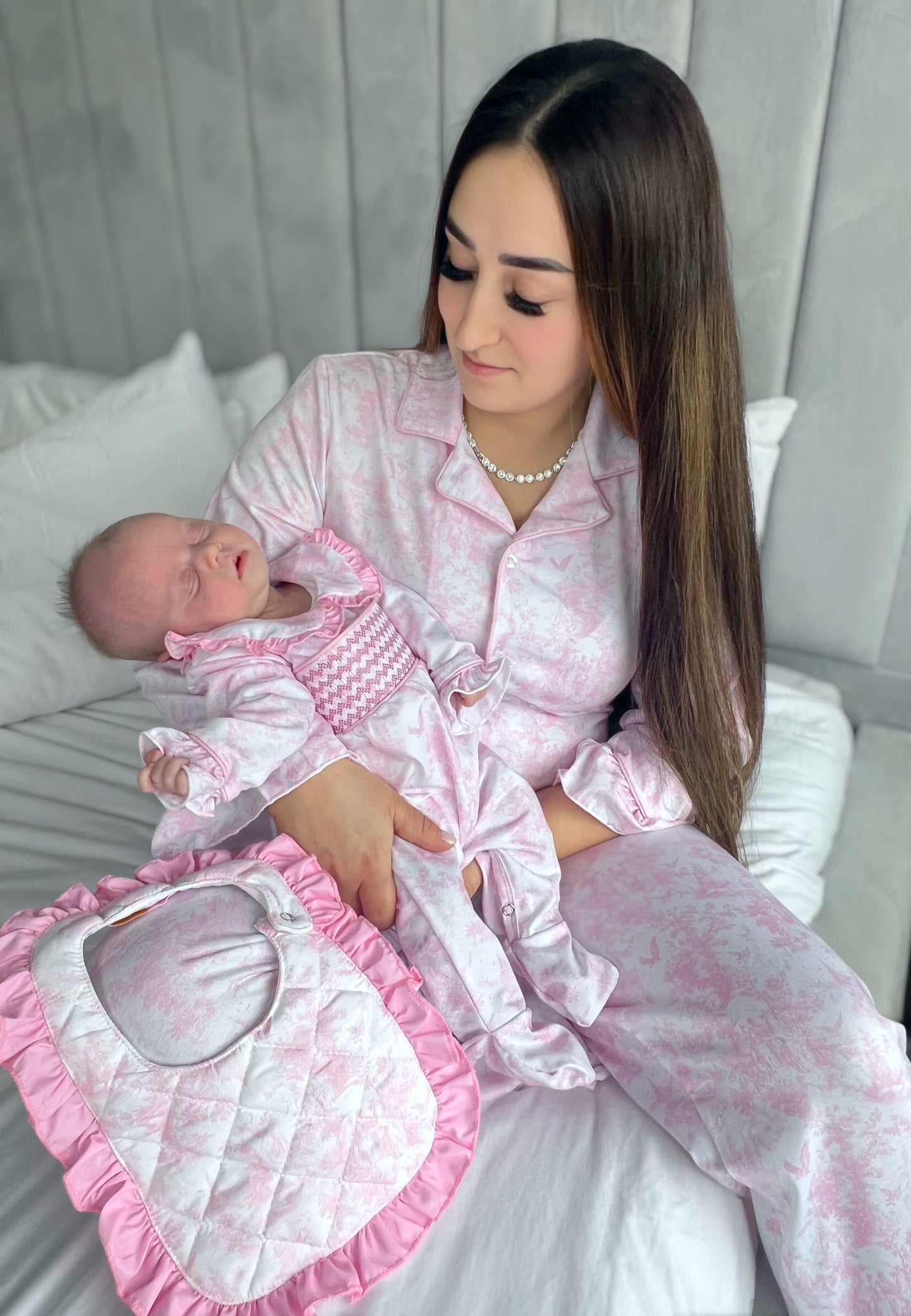 Pink toile smocked babygrow