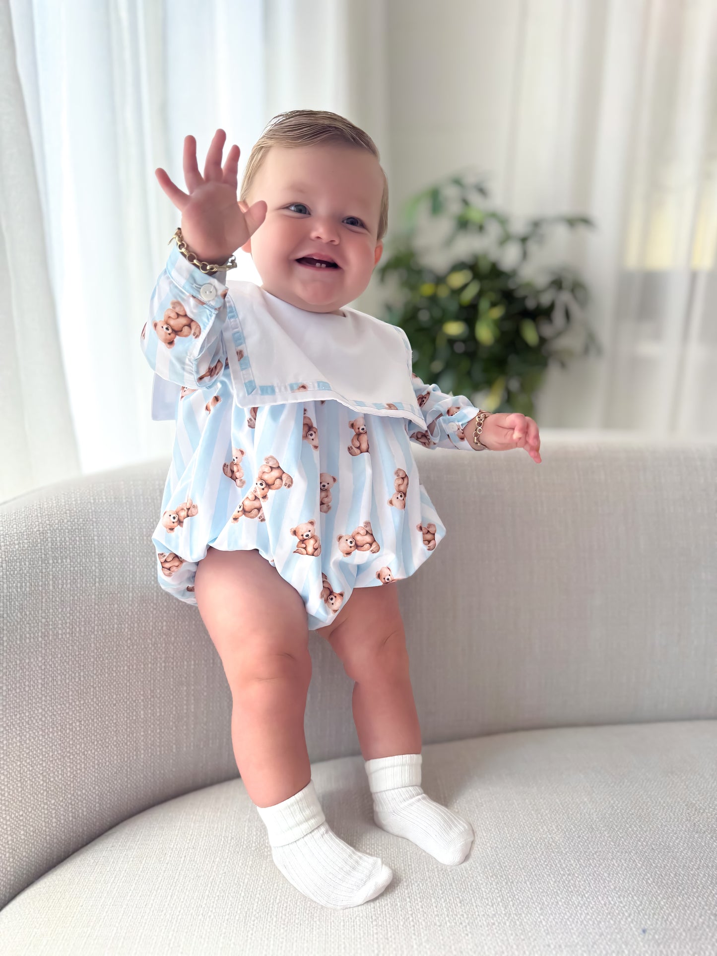 Blue teddy stripe romper