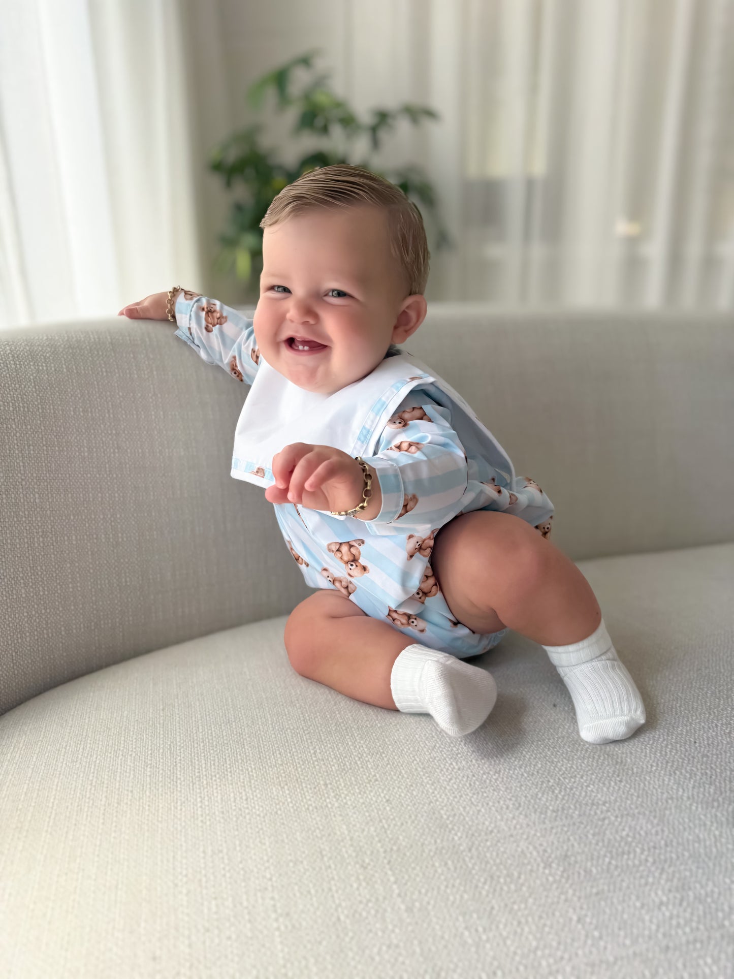 Blue teddy stripe romper