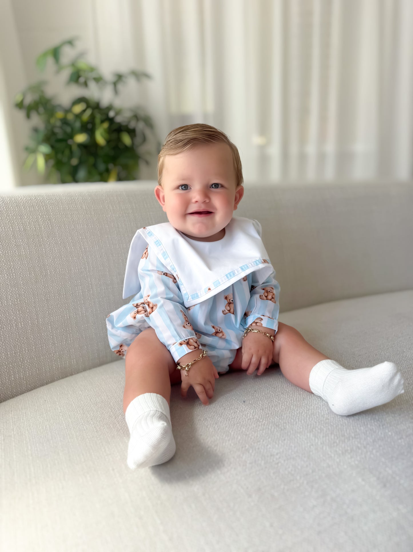 Blue teddy stripe romper