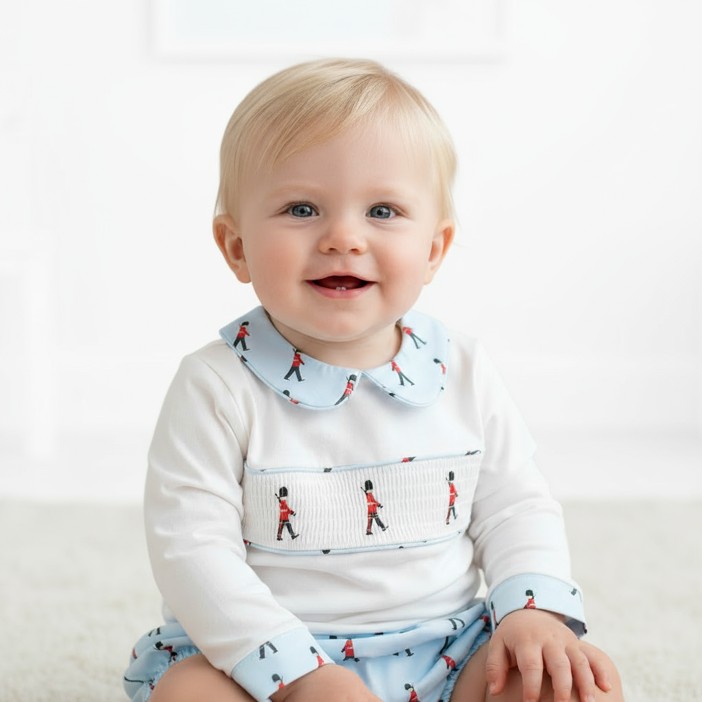 Smocked soldier jam pants outfit