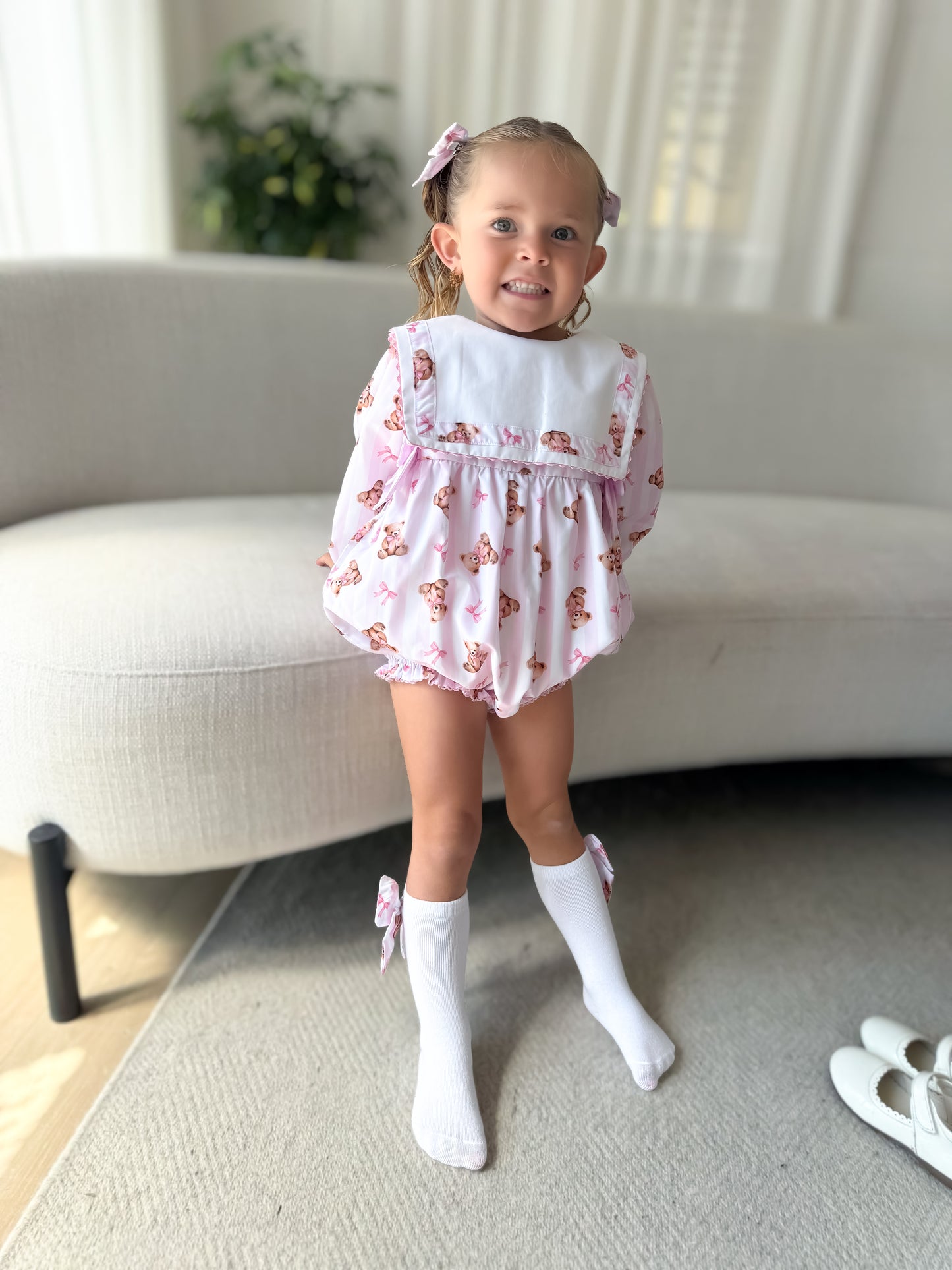 Pink teddy stripe romper