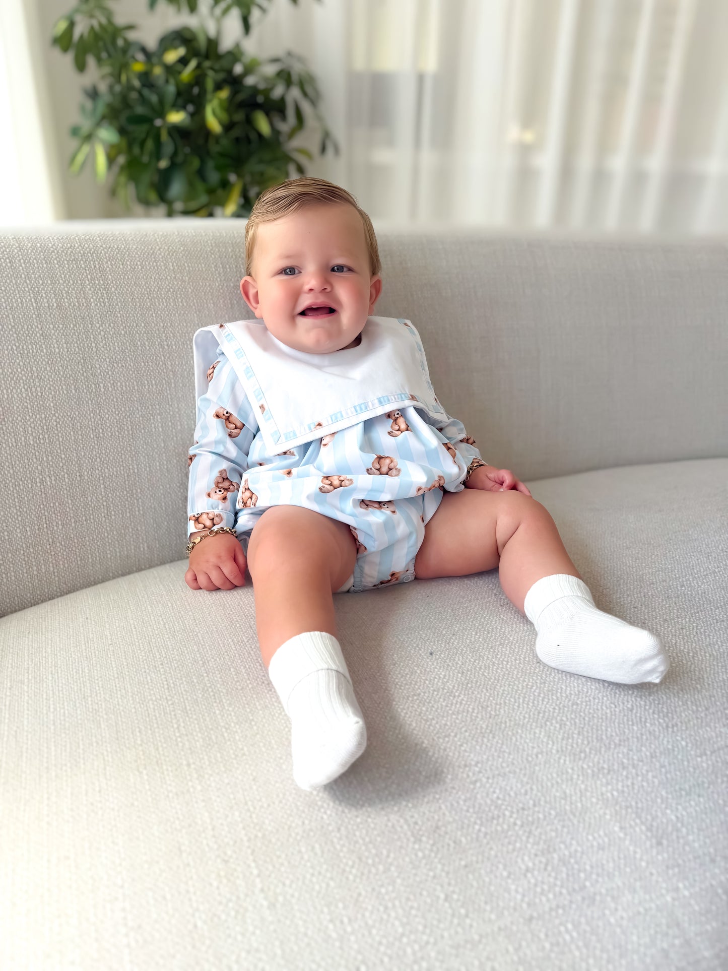 Blue teddy stripe romper