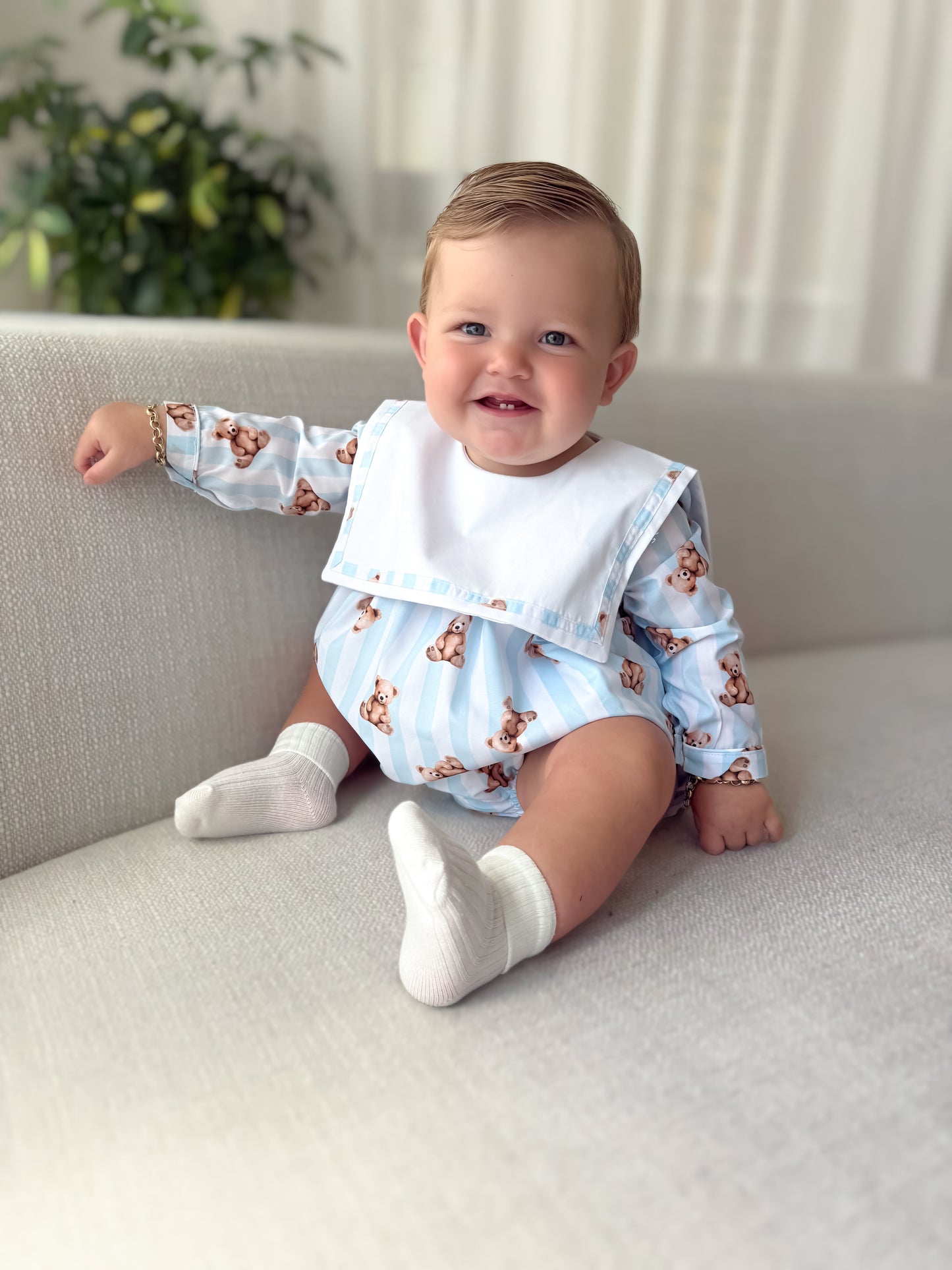 Blue teddy stripe romper
