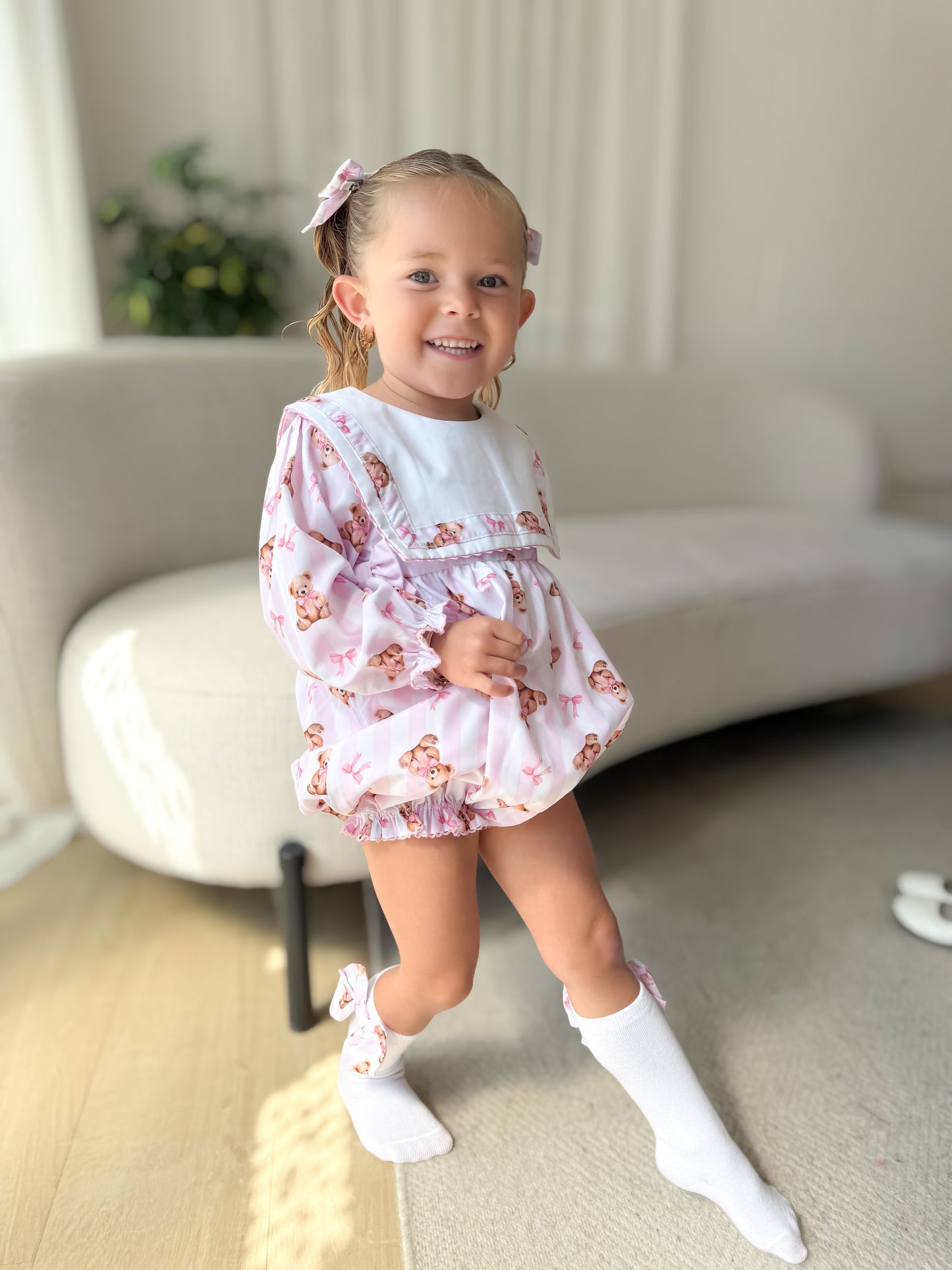 Pink teddy stripe romper