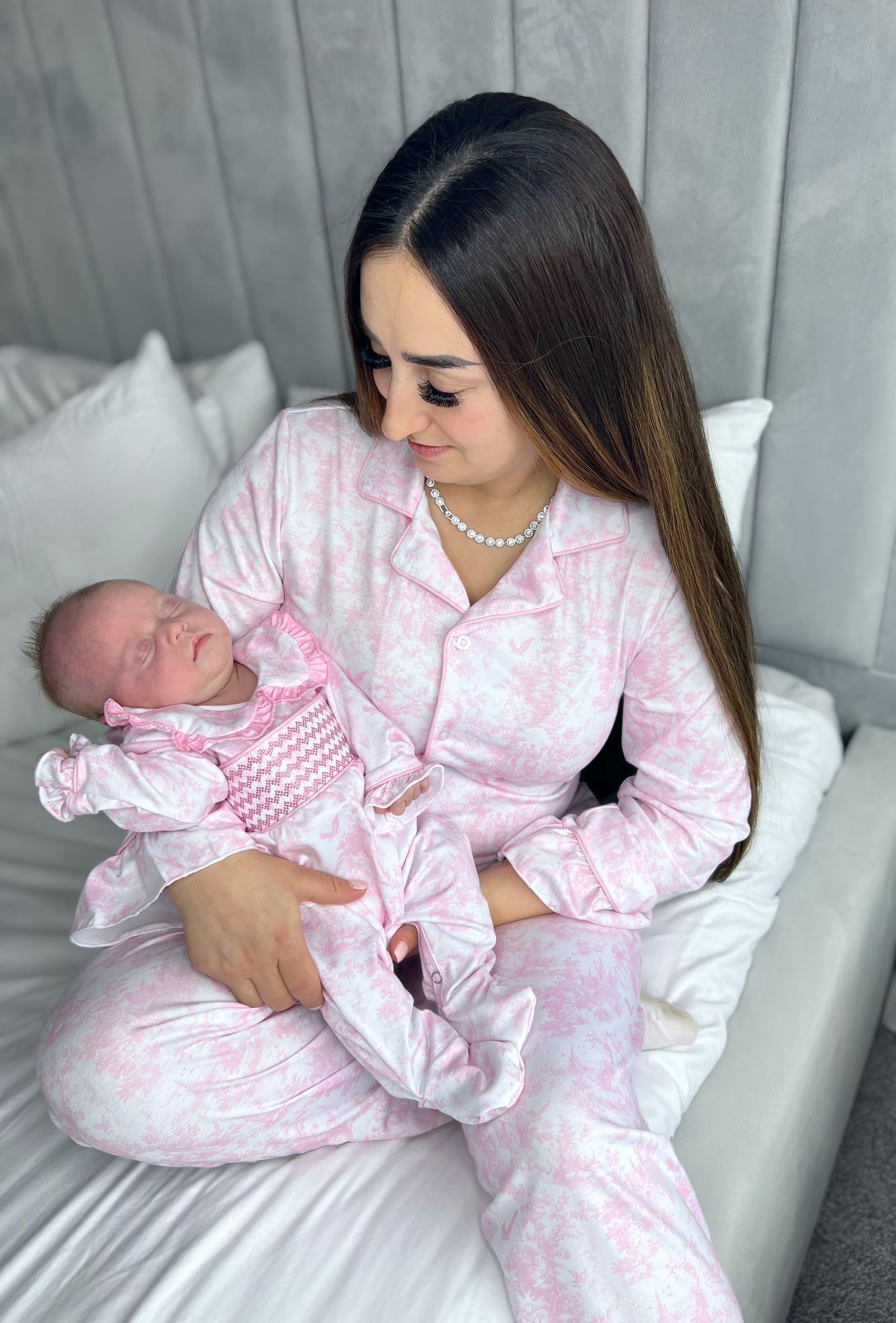 Pink toile smocked babygrow