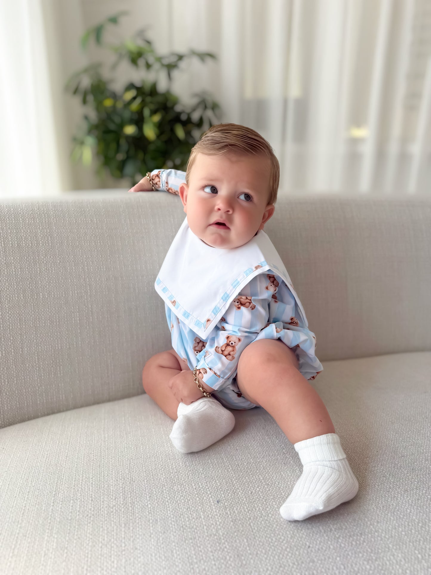 Blue teddy stripe romper