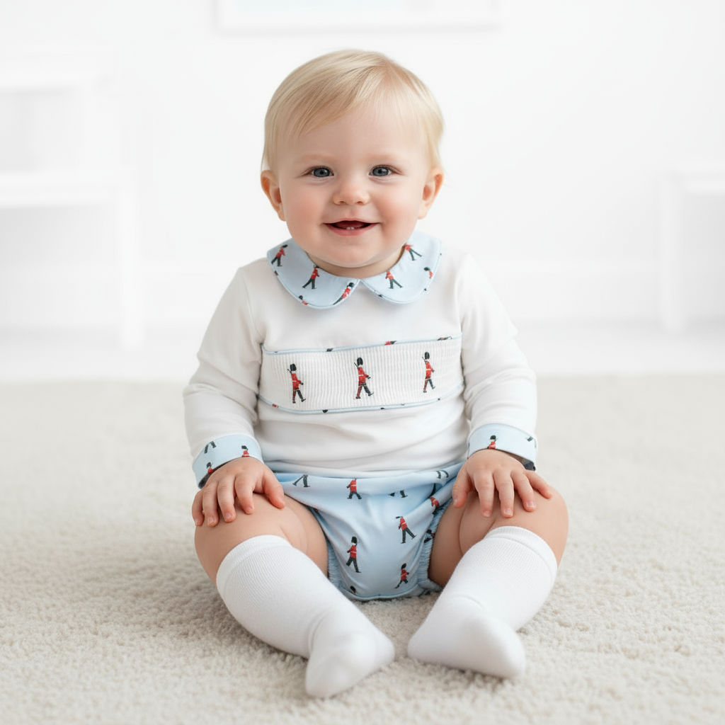 Smocked soldier jam pants outfit