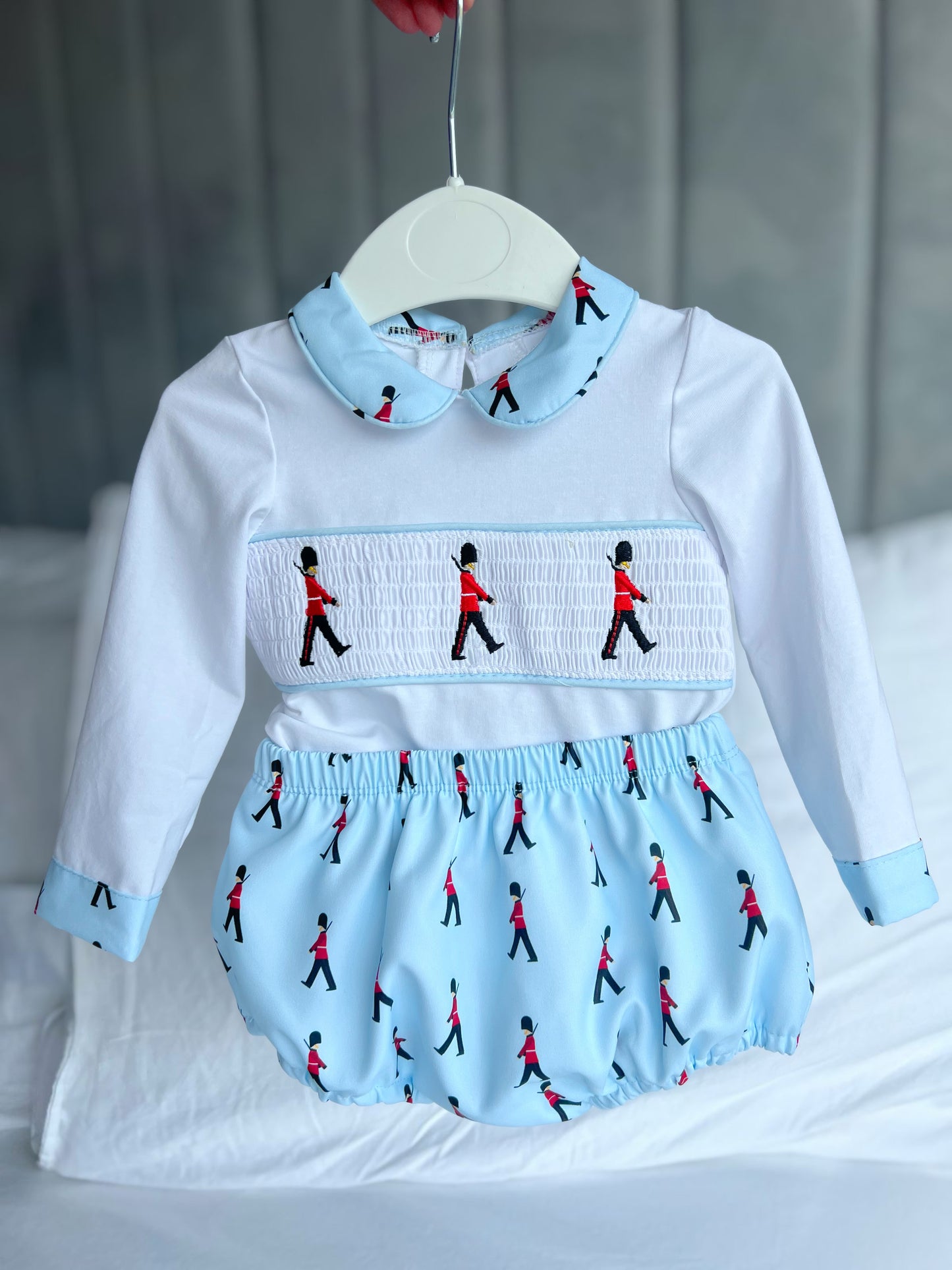Smocked soldier jam pants outfit