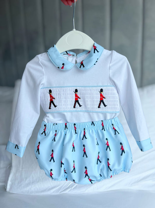 Smocked soldier jam pants outfit