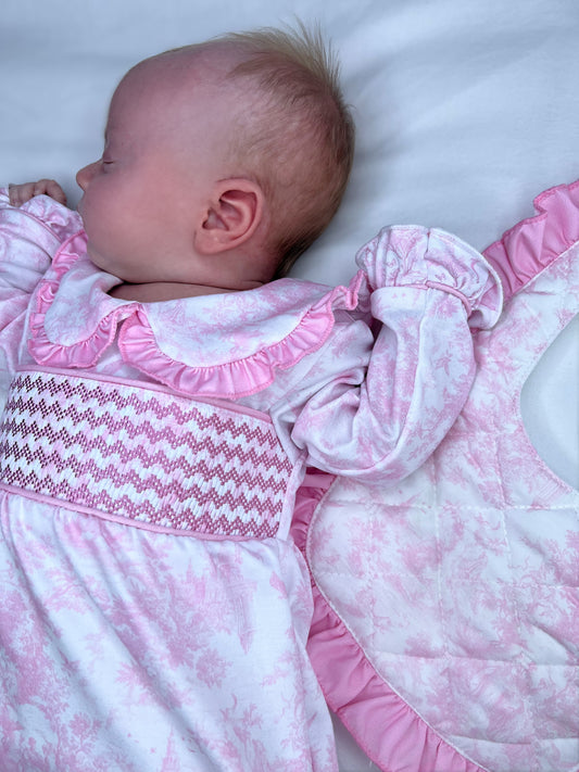 Pink toile smocked babygrow