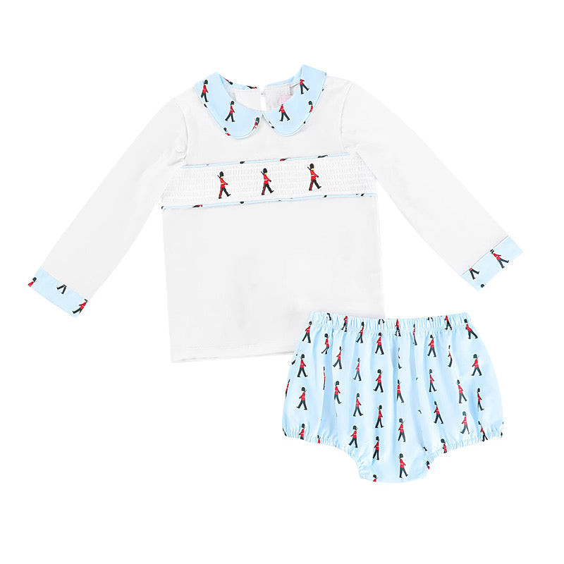 Smocked soldier jam pants outfit
