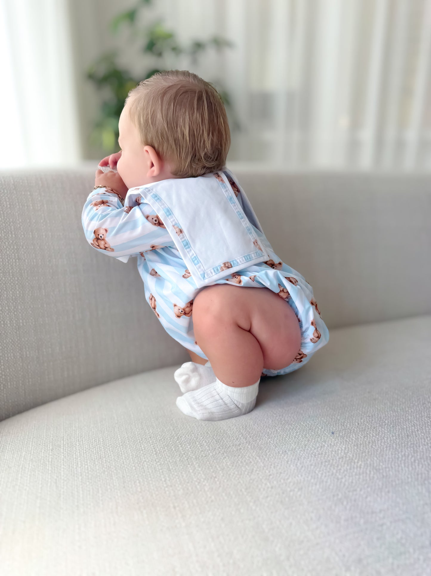 Blue teddy stripe romper