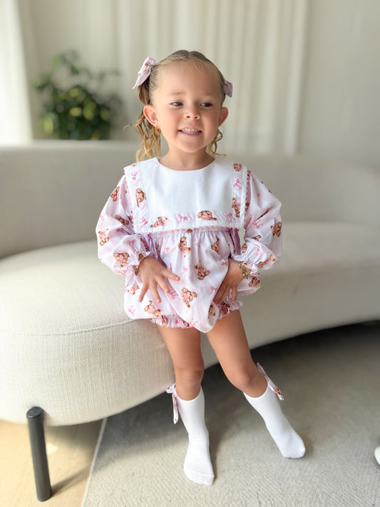 Pink teddy stripe romper