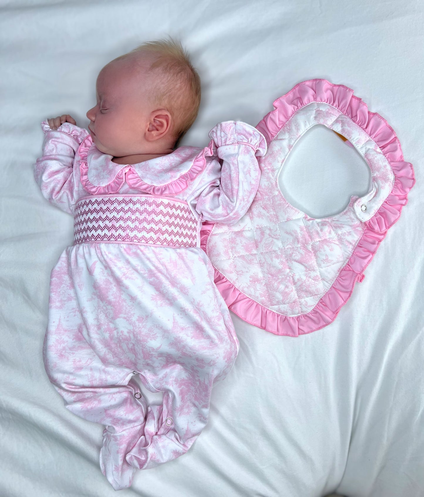 Pink toile smocked babygrow